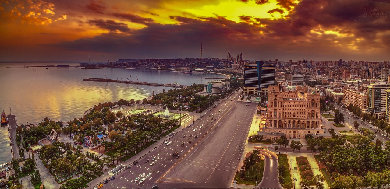 baku, azerbaijan, panorama, sunset, sea, caspian, town, city, cityscape, sky, architecture, nature, travel, east, antique, old, wall, classic, exterior, building, style, oriental, famous, tourism, tower, people